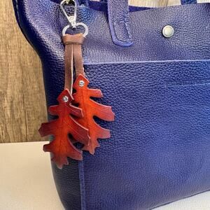 Leather Autumn Fall Purse Charm Oak Leaf Bag Charm Genuine Leather Keychain